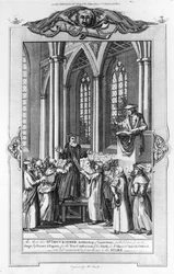 トーマスクランマー博士（1489-1556）オックスフォードのセントメアリー教会での信仰の真の告白のために修道士と教徒によって舞台から引き下ろされたカンタベリー大司教